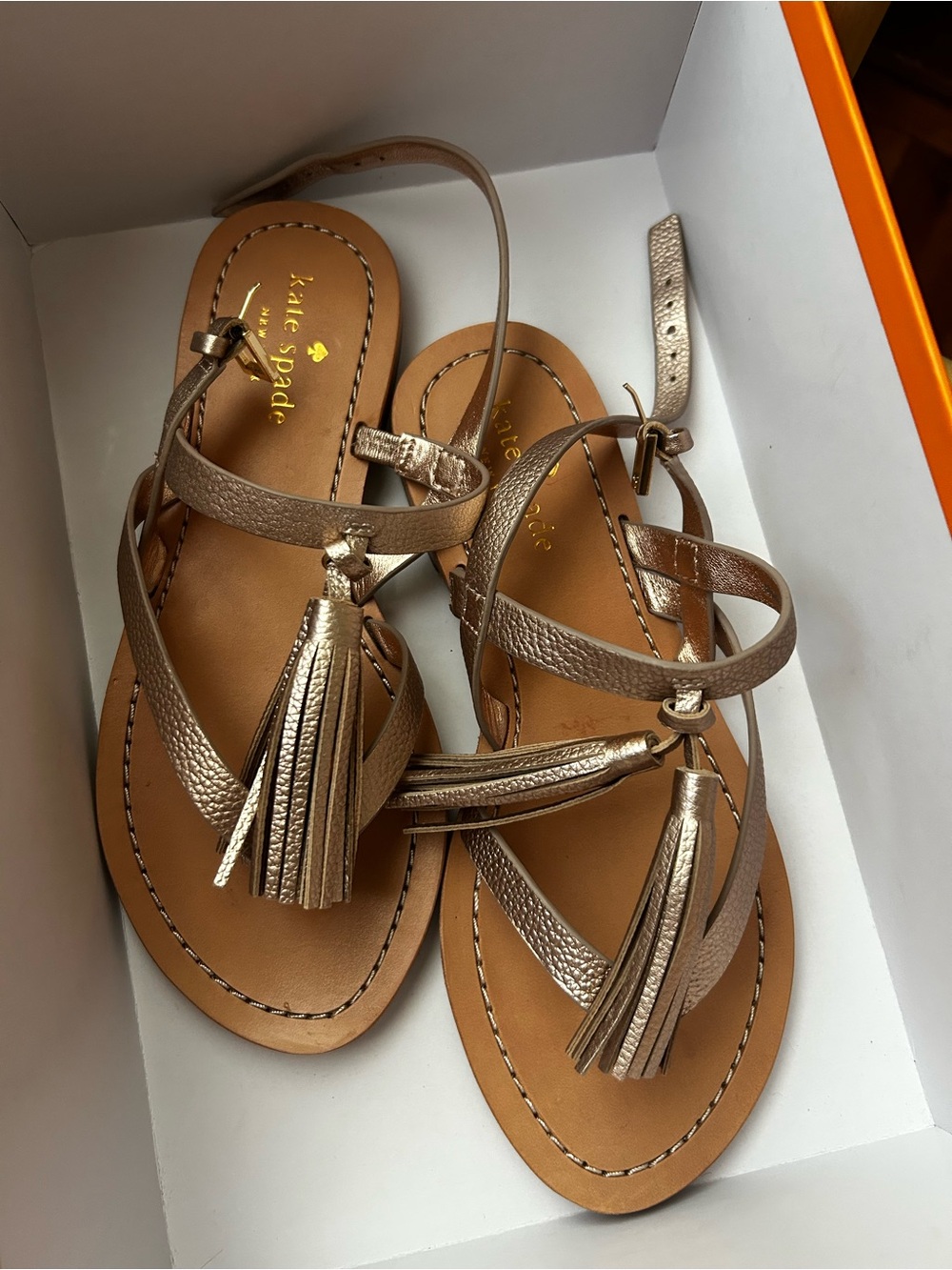 kate spade Rose Gold Leather Tassel Strap Sandals